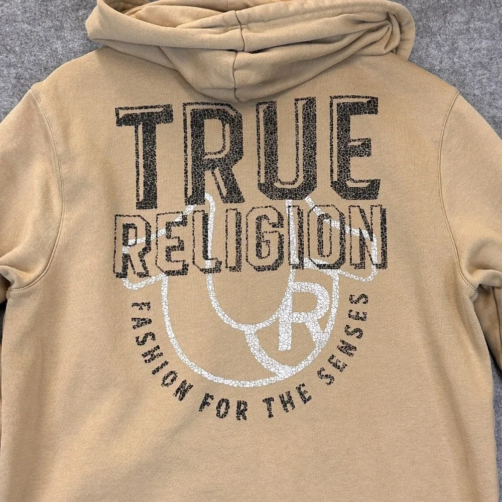 True‎ Religion Hoodie Sweatshirt Mens M Beige Full Zip Logo Front Back